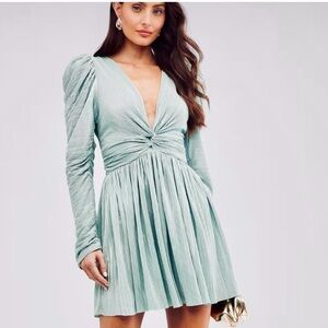 LIKE NEW Sabina Musayev Morgana Plunge Mint Cocktail Metallic Shimmery Dress